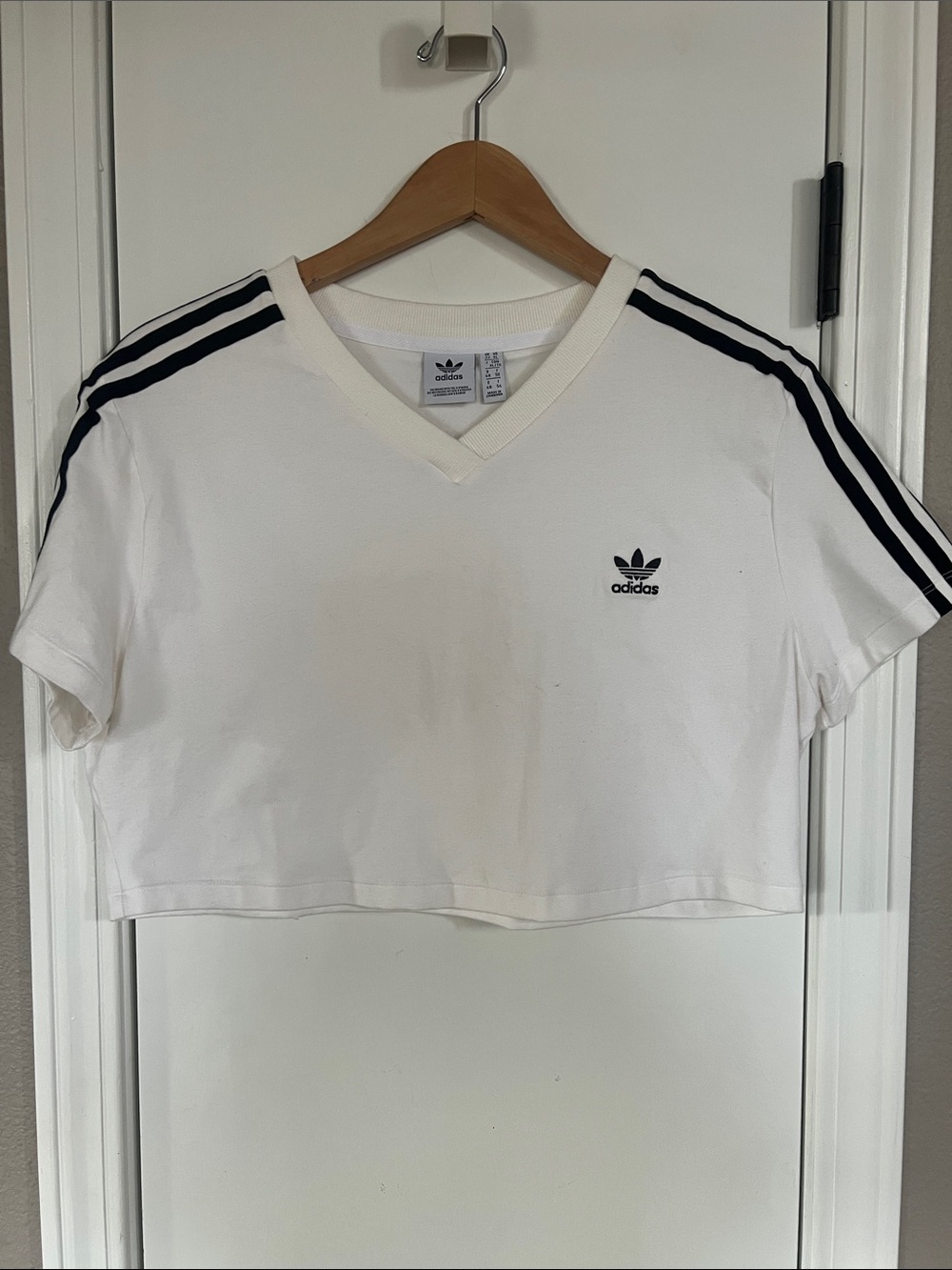 Adidas  White Cropped V-Neck Tee with Black Stripes